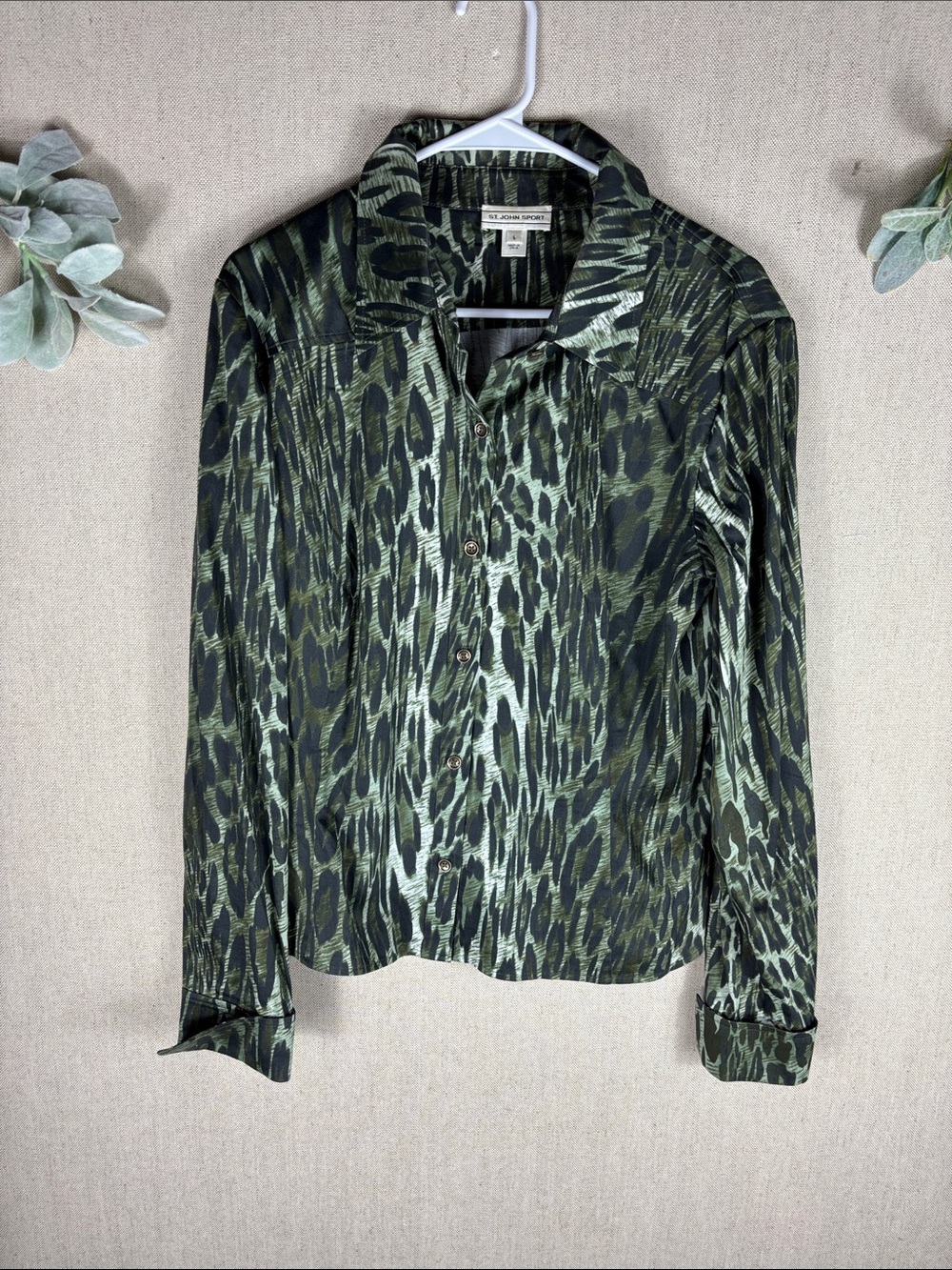 St. John Sport > Green Animal Print Button-Up Blouse Large